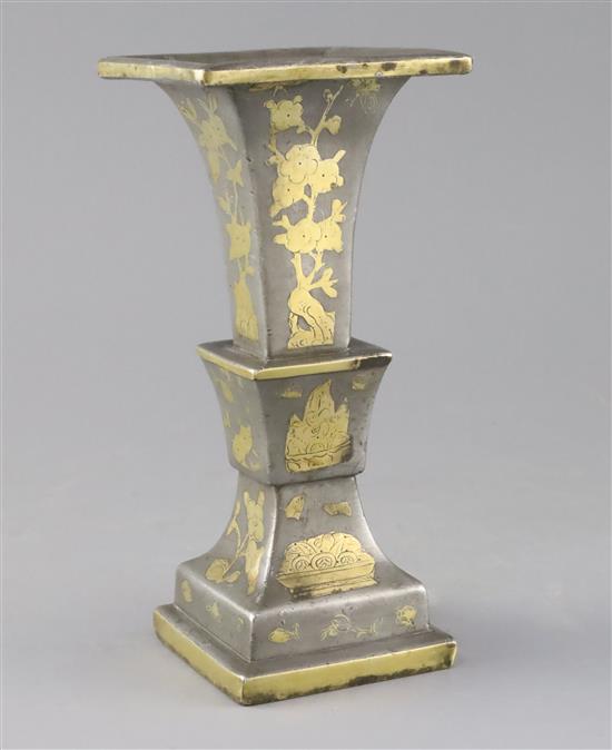 A Chinese pewter and brass inlaid altar square vase, 18th / 19th century, decorated with insects, flowers, rockwork and objects, height